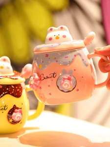 Cốc Cà Phê Bằng Gốm Sứ Tròn Hình Thỏ Hình Bánh Donut Có Nắp Đậy Và Thìa Cốc Nước Ngọt Cho Học Sinh Và Người Lớn Cốc Đựng Nước