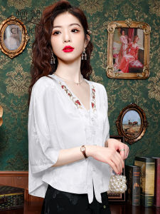 New Chinese Style Embroidered Satin Womens Shirt Summer Loose Belly Covering Chiffon Top V-Neck Seven Sleeve Regular Length