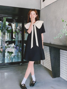 Elegant Black Loose A-Line Doll Dress Korean Style Gentle Wind Design Summer Womens Clothing Short Sleeve Midi Dress