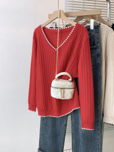 Loose Slim Looking [40.00 Kg-100.00 kg] V-neck Pullover Sweater Female Fall and Winter New Arrival Western Style Youthful-Looking Base Knitwear