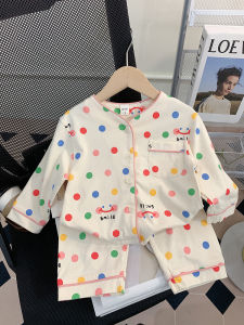 Girls Pure ผ้าฝ้าย ชุดนอนแขนยาวบางชุดบ้าน การ์ตูน น่ารัก คาร์ดิเกน สําหรับ ฤดูใบไม้ผลิ ฤดูใบไม้ร่วง สบาย ระบายอากาศได้ดี ชุดนอน