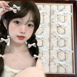 8/20PCS Korean Girls Lace Ribbon Bow Hair Clips Y2K Sweet Women Beige Flower Embroidered Hairpins Lovely Lolita Barrette