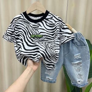 Boys Summer Outfit Short Sleeve Two-Piece Set Trendy Fashionable Streetwear Cotton Cartoon Korean Style Child Clothing Set