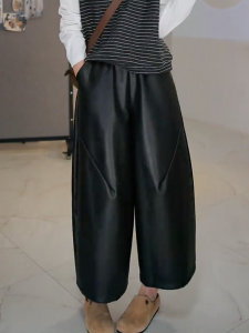 MANMI | Simplicity Black PU Leather Palazzo Pants Loose High Waist