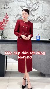 Áo khoác nữ HeraDG dáng ngắn nẹp giao chéo 2 hàng khuy kết hợp chân váy suông xẻ trước túi hộp 2 bên WSTBD2043A-J