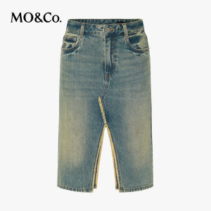 MO&Co. | Chân Váy Jean Vintage Cotton Rửa Mờ Viền Thô eo Trung Bình Có Cắt Trước và Sau