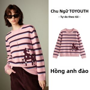 Toyouth | Áo Sweater Cổ Tròn Dày Vintage Đính Thêu Ngựa và Sao
