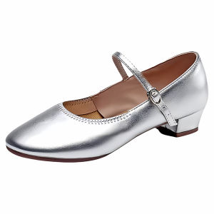 Genuine Leather Dance Shoes for Women with Medium Heel Practice Square Dancing Soft Bottom Social Dance Shoes Gold Color