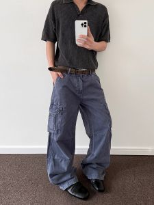 กางเกงทำงานขากว้างสไตล์ย้อนยุคสไตล์อเมริกันสำหรับผู้ชาย กางเกงขายาวทรงหลวมสบาย ๆ กระเป๋าใส่โทรศัพท์มือถือ