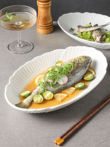 Pure White Ceramic Fish Plate Large Size Oval Shape Steamed Fish Dish Home Use High End Feeling Nordic Style Dinnerware Plate