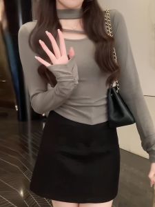 Pure Desire Style Womens Knitted Long Sleeve Hollow out Neck Hanging Top Slim Fit Base Shirt Korean Version Commute Fashion
