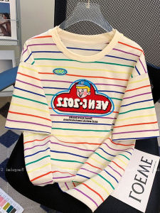 Summer Dopaamine Colorful Stripes Womens T-shirt Loose Fit Pure Cotton Unique Style Fashionable Sun Protection Top