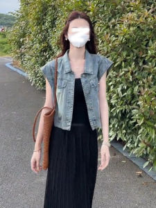 Retro Hong Kong Style Short Denim Jacket Womens Thin Summer Skirt Loose Outerwear Vest Top Straight Tube Commute Brand Pure Color