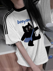 Summer Cotton Half Sleeve T-Shirt Womens Loose Fit Shoulder Insert American Retro Three Bars Printed Cartoon Letter T-shirt