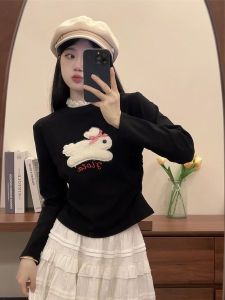 Korean Style Flocked Rabbit Embroidery Butterfly Knot Lace Trim Short Sleeve Long T-Shirt Women Small Size Early Autumn New Model