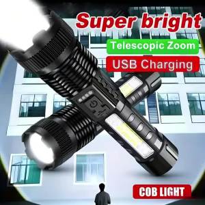 Đèn Pin LED Siêu Sáng Sạc Lại Được Có Thể Điều Chỉnh Độ Zoom Tích Hợp Đèn COB Dùng Cho Cắm Trại Câu Cá Săn Bắn Phiêu Lưu Trường Hợp Khẩn Cấp Màu Đen Chống Nước