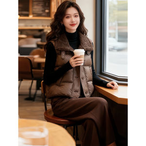 Khaki Stand-collar Cotton Vest Womens Short Loose Fit