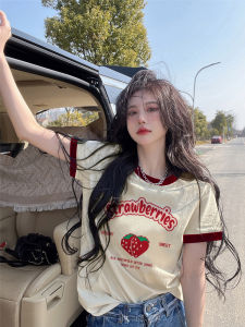 Pure Cotton Short Sleeve T-Shirt Womens Summer New Loose round Neck Color Block Collar Versatile Small Size Commute Style