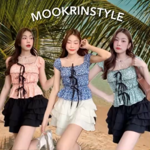 Mookrinstyle • พร้อมส่งเสื้อแขนตุ๊กตาลายดอกไม้ นางแบบถ่ายจากงานขายมีสายผูกโบว์ด้านหน้าน่ารักมาก