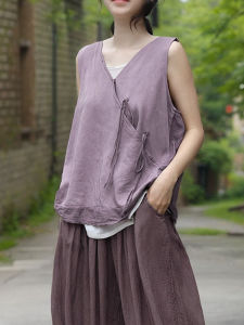 Retro Chinese Style Loose Fit V-Neck Sleeveless Vest with Belt Copper Ammonia Thread Breathable Splicing Cool Summer Top