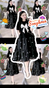 Đầm Bầu Baby Doll Màu Đen Nơ Trắng – Dáng Dài Tầng Thoải Mái