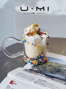 U Mi LIVING Boppie Double Layered Glass Cup with Handle Flowing Sand Heart Shaped Cute Girl Simple Style Heat Resistant round Cup