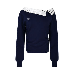 ELEVEN SLEEP Autumn Long Sleeve T-Shirt Womens Polka Dot Splice Design Gentle Korean Style Shoulder Bared Soft Comfortable Top