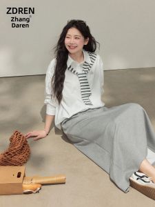 ZHANGDAREN | Bộ Áo Sơ Mi Trắng Dài Tay Hàn Quốc Và Chân Váy Xám Phong Cách Hàn Quốc Dành Cho Người Béo
