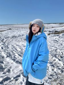 KSKM Turquoise Jacket Womens Outdoor Three-in-One Windproof Autumn Winter Climbing Skiing Suit Loose Fit Street Style Polyester Fiber