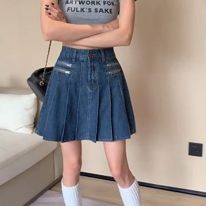 GHAOHES กระโปรงยีนส์อัดพลีท ทรงเอสูง ผ้ายืดหยุ่นฟรี สีสวยใส่สบาย กระโปรงจีบ คลิกที่เครื่อง