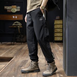 Summer New Stripe Splicing Color Block Mens Thin Loose Casual Pants Elastic Waist Long Trousers Youth Fashion American Casual Style