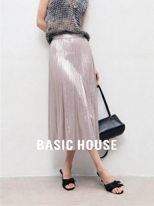 Basic House | Pink Satin Pleated High Waist A-Line Skirt