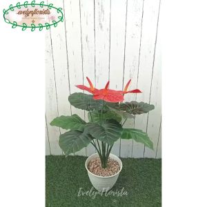 Pohon Artificial Bunga Anthurium Merah B3 Pot Plastik Tawon Hiasan Ruang Tamu