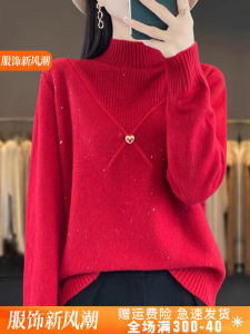 Ladies Knitted Wool Sweater Half High Collar Snake Year Red Color Warm Fleeing Winter Fashion Inner And Outer Wearable Woolen Top