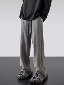 Corduroy Mens Loose Straight Leg Casual Trousers Spring Autumn Trendy Brand Zipper Slit Floor-Length Pants Cool And Handsome