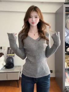 Gray V-Neck Knitted Sweater Womens Autumn Winter Inner Wear Base Layer High-End Lazy Style Unique Top Korean Style Slim Fit