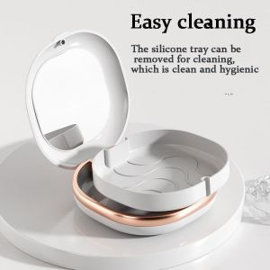 Portable Denture Case with Mirror Compact & Stylish Retainer Box for Braces Mouth Guards Orthodontic Retainers Travel-Friendly
