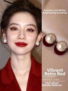 YICAN | Vintage Red Pearl Earrings For Women No Ear Hole Clip On 925 Silver