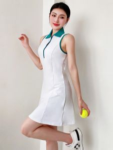 Retro Long Sleeve Sports Tennis Dress for Women Collarless Sleeveless Quick Dry Loose Fitting Golf Skirt