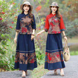 New Chinese Style Retro Ethnic Womens Suit Two-Piece Set Improved Cheongsam Top And Bottom for Spring Summer Season