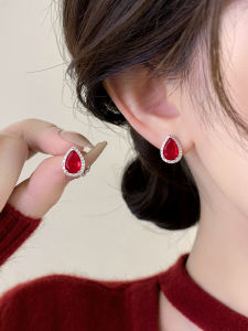 Pianist | Trendy Unique Design Red Zircon Teardrop Earrings S925 Silver Pin