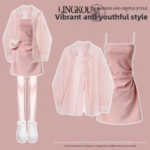 NUMEN BUTTON | Short Petite Dopamine Dress with Sun Protection Cover-Up Pink Two-Piece Set