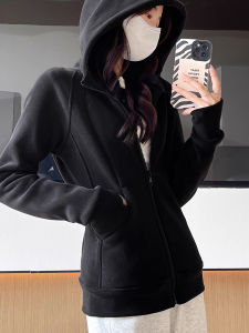 Black Fleece Hoodie Womens Thickened Autumn Winter Sweatshirt Slimming Cardigan Outerwear Trendy Polyester Spandex Zipper Closure