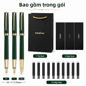 HERO | Bộ Bút Máy Hero P108 Màu Xanh Rêu Ngòi Iridium Kèm Hộp Mực Hộp Quà Và Túi Xách - Quà Tặng Văn Phòng Phẩm Cao Cấp Viết Êm Mượt Dành Cho Học Sinh