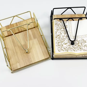 Napkin Holder for Table with Wooden Base Metal Napkin Dispenser with Salt and Pepper Shakers Caddy Modern Square Napkin Holders for Dining Table Decor Kitchen Outdoor Party