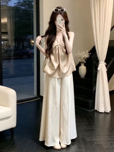Ge·an·fei | Sleeveless Knot Top and Wide Leg Pants Two-piece Set