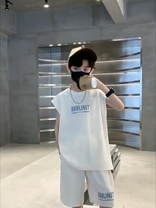 2025 Terno For Kids Boys 6-15Yrs Cotton T-shirt+Shorts Breathable Sleeveless Top Handsome Wing Pattern School Sportswear Set Boy Fashion Outfit Korean Style