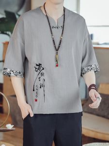 Chinese Style Summer Mens T-Shirt Short Sleeve Ice Silk Chinese Style Top Half Sleeve Retro Linen Youth Men Chinese Fad Han Dynasty