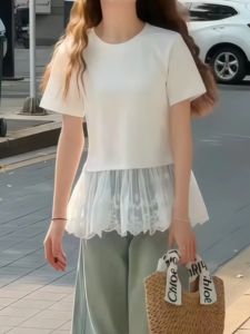 plus Size Pure Cotton Lace Trim Short Sleeve T-Shirt Women Summer Loose Fit Base Shirt Top in White Korean Style Commute