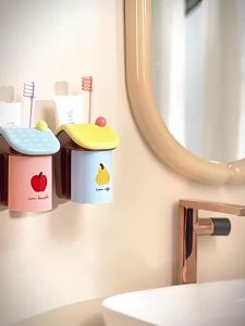No Drill Wall Mounted House Shaped Magnetic Toothbrush Cup Holder 1 Set Bathroom Space Saver